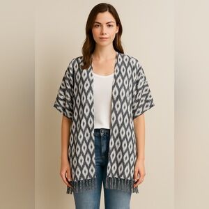 Earthbound Blue Fringe 100% Cotton Patterned Kimono Cardigan L/XL